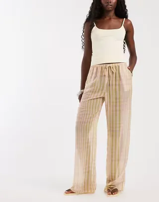 ASOS DESIGN chiffon wide leg pull-on pants in pink gingham - part of a set