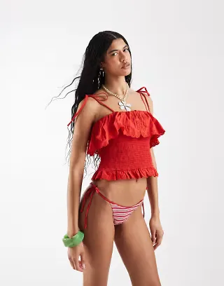 Reclaimed Vintage bandeau top with shirring and embroidery detail in red broderie