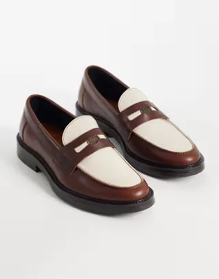 NOAK made In Portugal penny loafers with coin detail in brown and cream leather