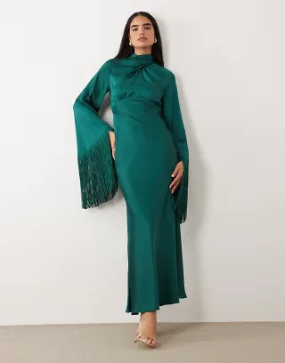 ASOS DESIGN draped neck satin bias maxi dress with fringe sleeve detail in teal