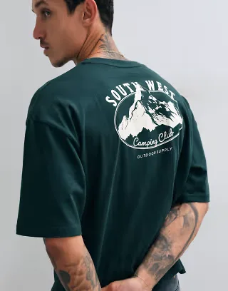 ASOS DESIGN boxy oversized T-shirt with mountain graphic in dark green