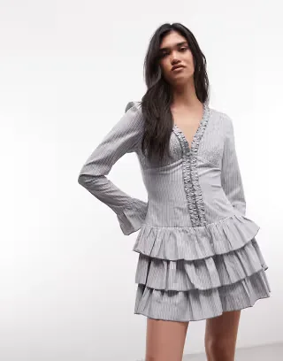 Daisy Street ruffle rara skirt mini dress in gray striped print