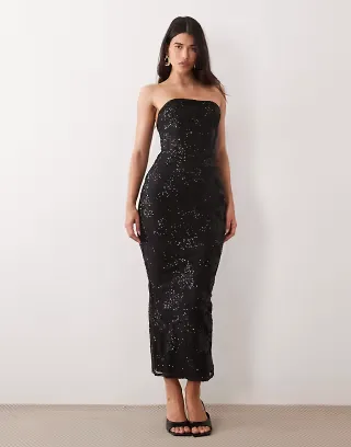 TFNC floral sequin structured bandeau maxi dress in black