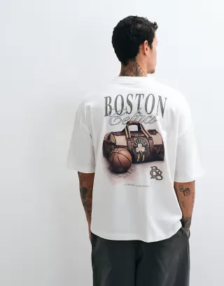ASOS DESIGN oversized t-shirt with NBA Boston Celtics print in off white