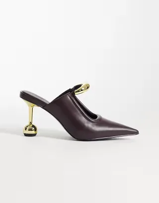 JW PEI Sofia metal accent sphere heel mules in deep burgundy