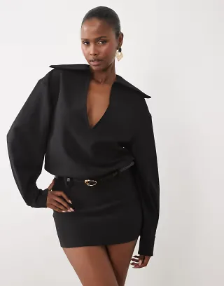 Noughts & Kisses plunge neck collared balloon sleeve gold-tone belted mini dress in black