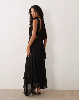 TFNC Bridesmaid cowl neck chiffon midi dress with neck tie in black