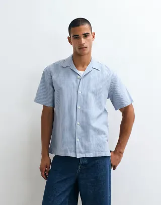 Selected linen blend short sleeve shirt in blue stripes