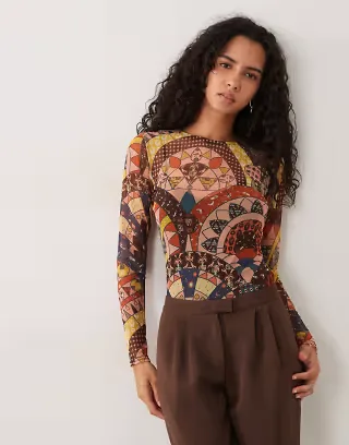 Never Fully Dressed round neck long sleeve mesh top in abstract print