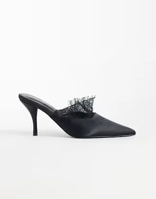 Glamorous heeled mules with lace detail in black satin