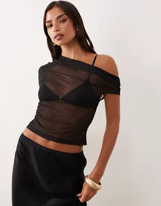 ASOS DESIGN sheer mesh ruched one shoulder asymmetric top in black