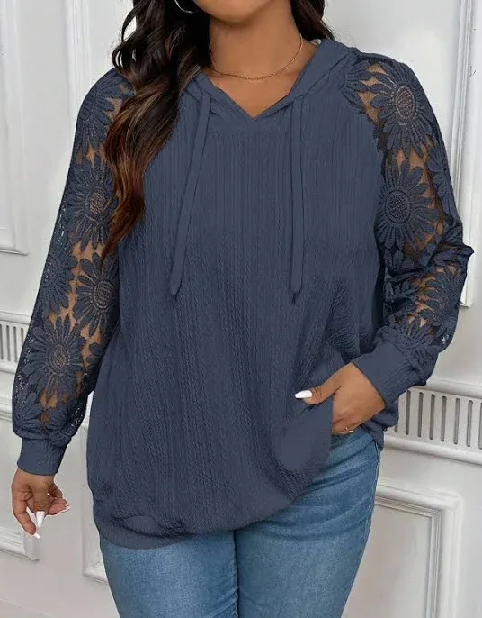 Shein |Plus Size Women White Hooded Pullover Sweatshirt With Lace Trim