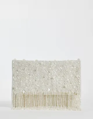 True Decadence beaded fringe envelope clutch in white