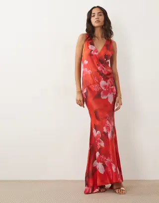 ASOS DESIGN Premium plunge modal satin maxi dress in red floral
