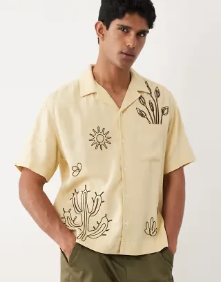 Abercrombie & Fitch resort embroidered short sleeve shirt in yellow