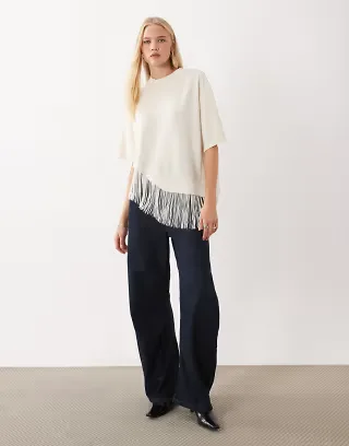 ASOS DESIGN premium oversized asymmetric t-shirt with fringe detailing in cream