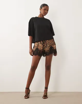 Noughts & Kisses satin lace tie waist shorts in leopard print