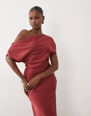 ASOS DESIGN one shoulder asymmetric satin maxi dress in deep red