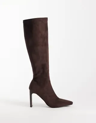 Simmi London Londyn heeled sock knee boots in brown suedette