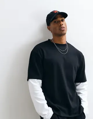ASOS DESIGN boxy relaxed interlock double layer long sleeve T-shirt in black