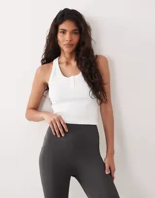 4505 seamless ribbed scoop neck henley tank top with racer back in white