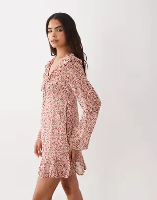 Nobody's Child Carla ruffle v-neck tiered mini dress in neutral floral print