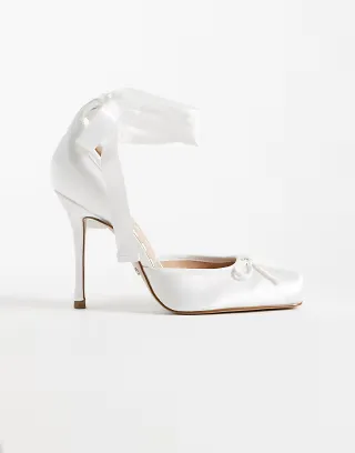 Steve Madden Larina ballet-inspired square-toe heeled pumps with satin straps in ivory satin