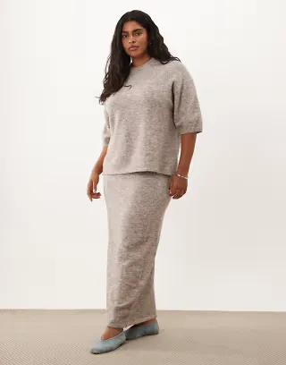 ASOS DESIGN Curve crew neck T-shirt & midaxi skirt with wool set in mushroom