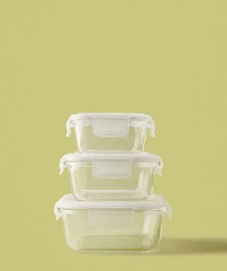 Noon East 3 Piece Borosilicate Glass Food Container Set - Airtight Lids - Lunch Box - Sqaure - Food Storage Box - Storag