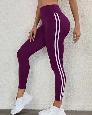 SHEIN Purple Side Striped Tummy Control Sports Leggings Women's Gym Mid Waist Yoga Pants Activewear All Season Regular F