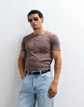 ASOS DESIGN muscle fit T-shirt with henley neck in brown