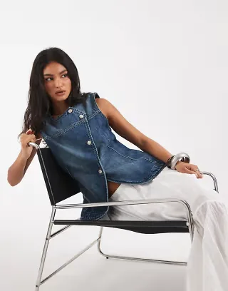 Free People Maris denim asymmetric tank top in wallflower blue
