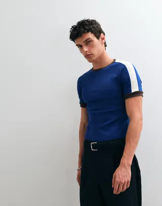 ASOS DESIGN muscle fit raglan ringer t-shirt in blue and brown rib knit