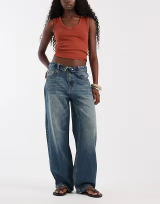 ASOS DESIGN fold over waistband jeans in vintage wash