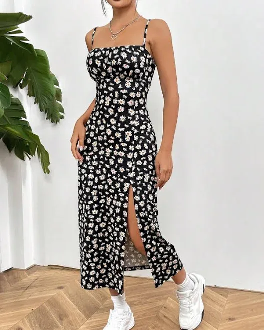 Women's Printed Knitted Spaghetti Strap Side-Slit Vacation Dress