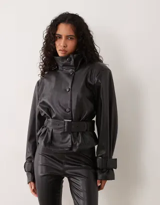 AFRM Scarlette faux leather funnel neck belted bomber jacket in black - part of a set