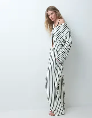 Loungeable cozy velour camp collar button up shirt and pants pajama set in mono striped print