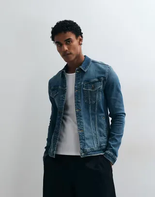ASOS DESIGN skinny trucker denim jacket in dark wash blue