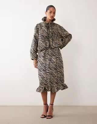 Ghospell high rise drawstring waist peplum hem midi skirt set in tiger