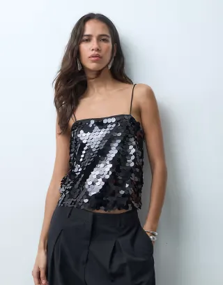 ASOS DESIGN sequin square neck cami in black