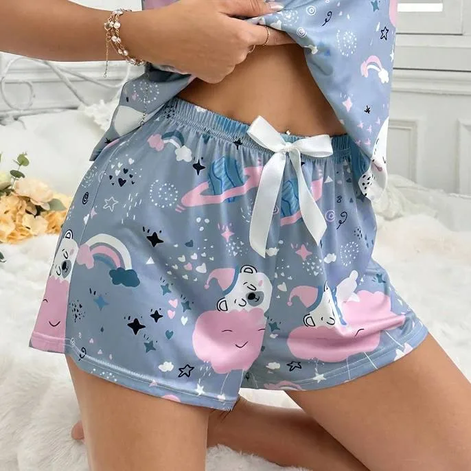 Women's Cute Cloud & Teddy Print Round Neck Pajama Set
