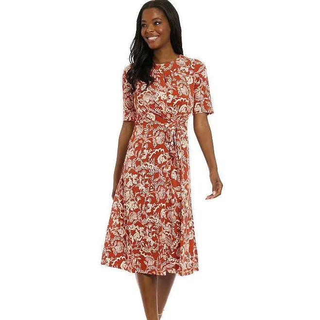 London Times Women's Fit and Flare Midi Dress with Elbow Sleeves