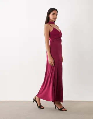 TFNC satin bust chiffon scarf detail maxi dress in raspberry
