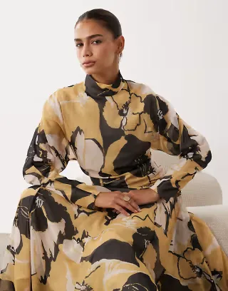 ASOS DESIGN high neck maxi dress with asymmetric waist in brown floral