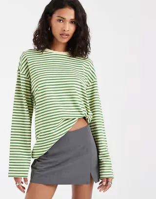 PIECES long sleeve super soft T-shirt in yellow and green stripes