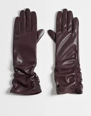 ASOS DESIGN faux leather long gloves with ruched detail in burgundy