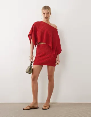 ASOS DESIGN knit floral lace mini skirt in red - part of a set