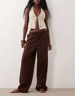ASOS DESIGN linen look pull on pants in chocolate
