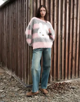 Daisy Street x Miffy oversized fluffy sweater in pink and gray stripe