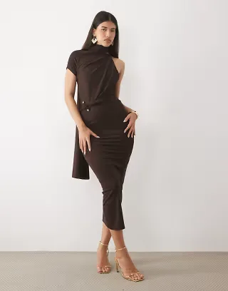 ASOS DESIGN scarf detail maxi dress with ruched trim waist in chocolate